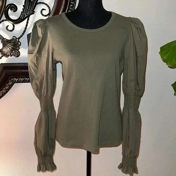 Veronica Beard Fawn Puff-Sleeve Top in Moss Green Crewneck NWOT Size Large